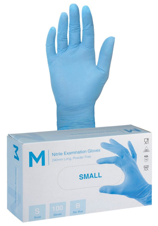 Nitrile Examination Gloves Powder Free - Blue, S, 240mm Cuff, 5.0g (Per 1000 Gloves/Box)