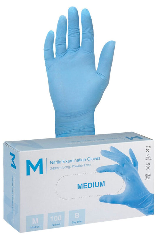 Nitrile Examination Gloves Powder Free - Blue, M, 240mm Cuff, 5.0g (Per 1000 Gloves/Box)