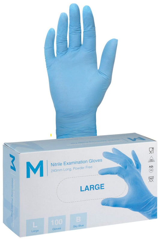 Nitrile Examination Gloves Powder Free - Blue, L, 240mm Cuff, 5.0g (Per 1000 Gloves/Box)