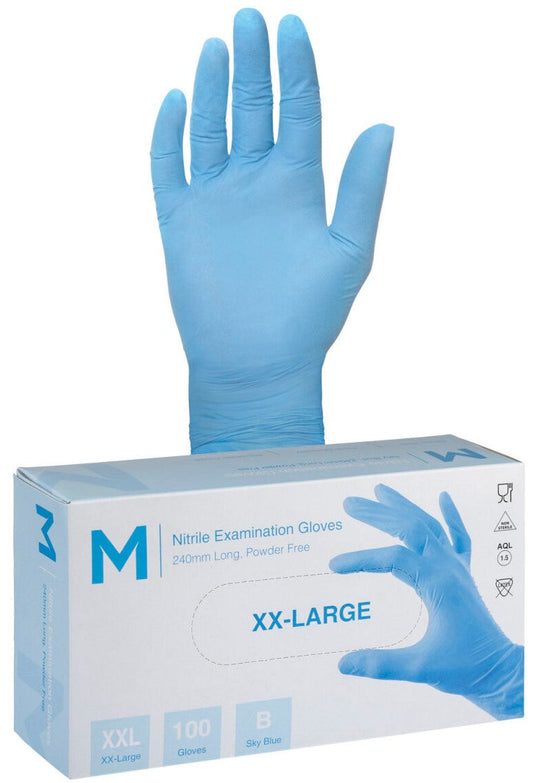 Nitrile Examination Gloves Powder Free - Blue, 2XL, 240mm Cuff, 5.0g (Per 900 Gloves/Box)