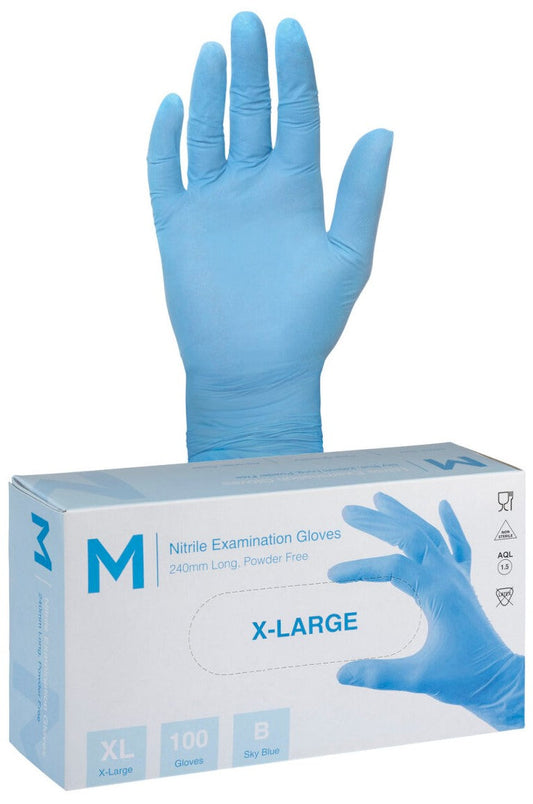 Nitrile Examination Gloves Powder Free - Blue, 2XL, 240mm Cuff, 3.0g (Per 900 Gloves/Box)