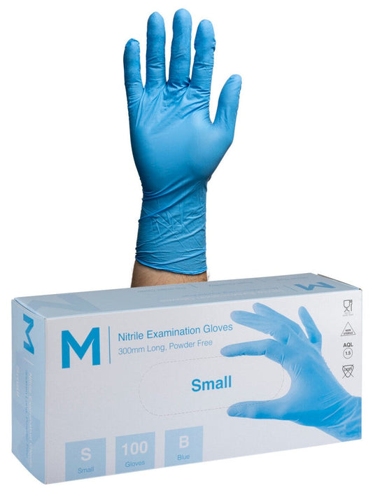 Nitrile Long Cuff Examination Gloves Powder Free - Blue, S, 300mm Cuff, 6.0g (Per 1000 Gloves/Box)