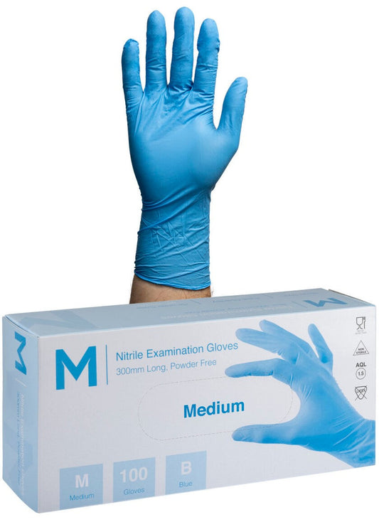 Nitrile Long Cuff Examination Gloves Powder Free - Blue, M, 300mm Cuff, 6.0g (Per 1000 Gloves/Box)