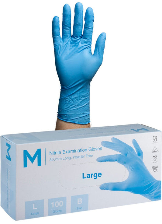Nitrile Long Cuff Examination Gloves Powder Free - Blue, L, 300mm Cuff, 6.0g (Per 1000 Gloves/Box)