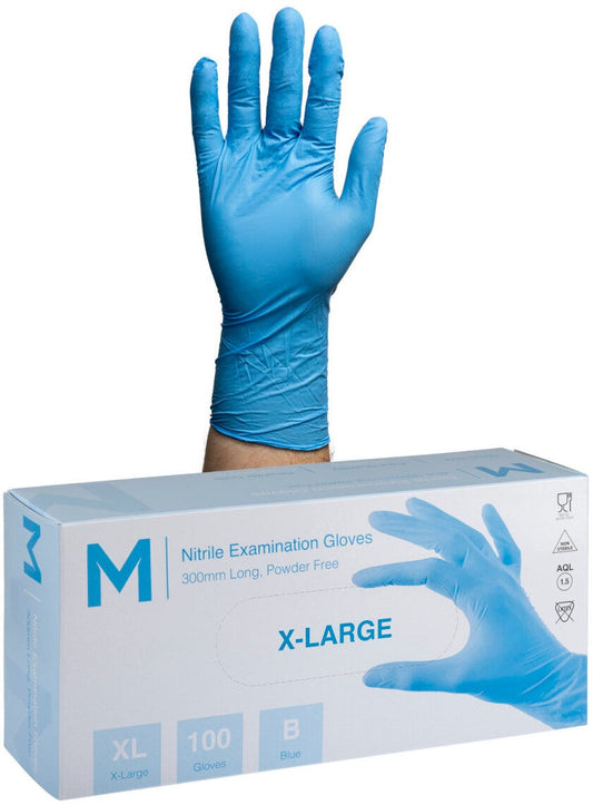 Nitrile Long Cuff Examination Gloves Powder Free - Blue, XL, 300mm Cuff, 6.0g (Per 1000 Gloves/Box)