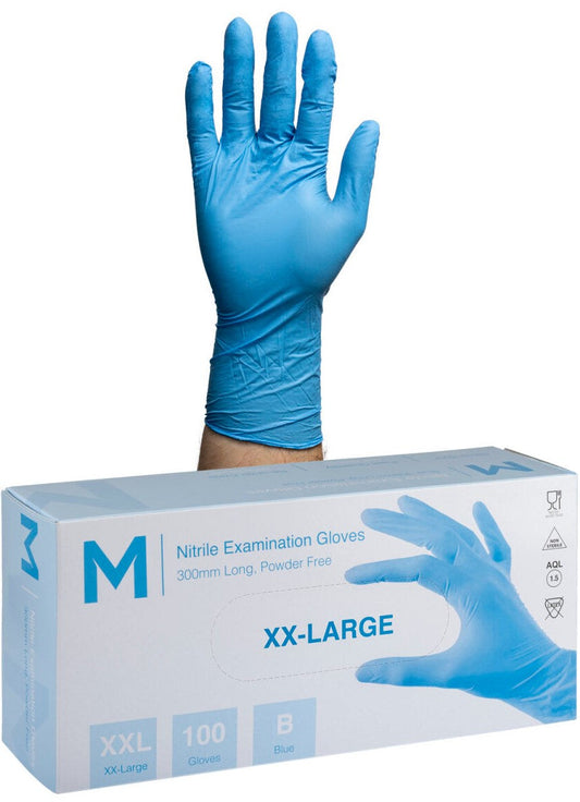 Nitrile Long Cuff Examination Gloves Powder Free - Blue, 2XL, 300mm Cuff, 6.0g (Per 900 Gloves/Box)