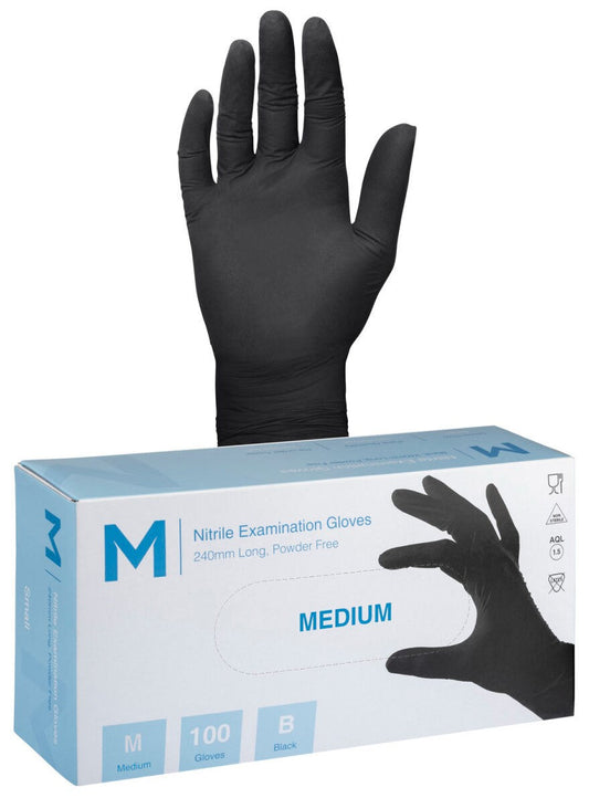 Nitrile Examination Gloves Powder Free - Black, M, 240mm Cuff, 7.0g (Per 1000 Gloves/Box)