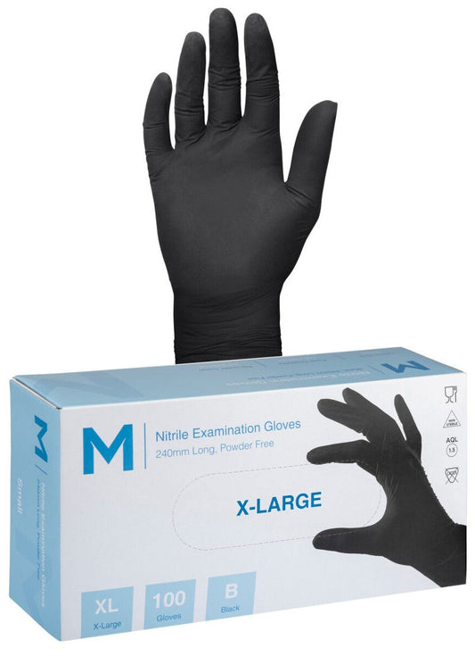 Nitrile Examination Gloves Powder Free - Black, XL, 240mm Cuff, 7.0g (Per 1000 Gloves/Box)