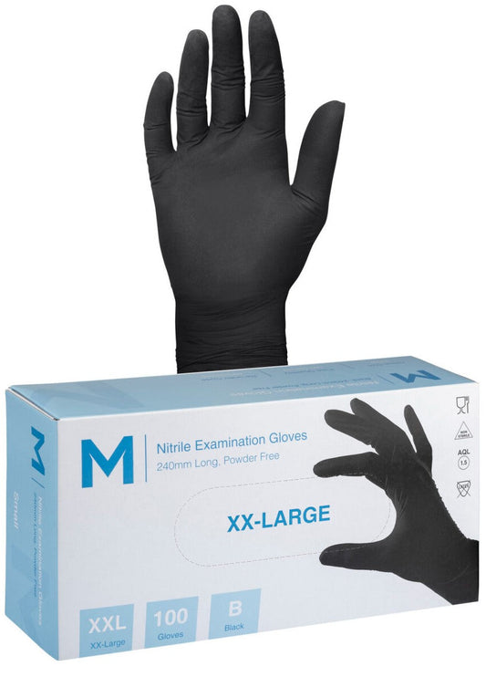 Nitrile Examination Gloves Powder Free - Black, 2XL, 240mm Cuff, 7.0g (Per 900 Gloves/Box)
