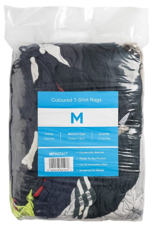 Coloured T-Shirt Rags - Assorted, 2.0kg Compressed Bag (Per Pack)