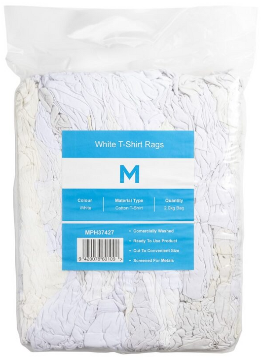 White T-Shirt Rags - White, 2.0kg Compressed Bag (Per Pack)