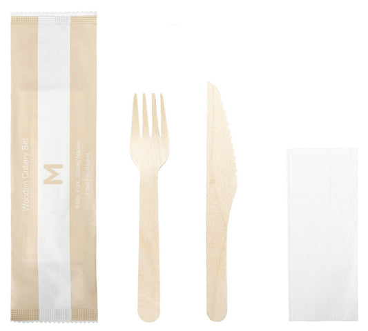 Wooden Cutlery Set 3/1 - Natural, Fork/Knife/Napkin, FSC 100%® (Per 400 Packs/Box)