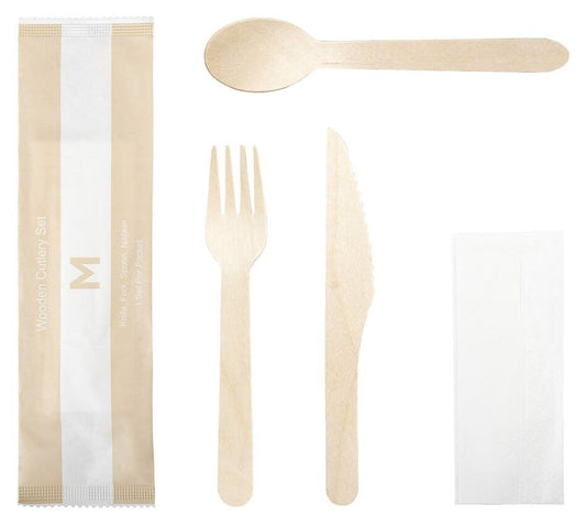 Wooden Cutlery Set 6/1 - Natural, Fork/Knife/Spoon/Napkin/Salt/Pepper, FSC 100%® (Per 400 Packs/Box)