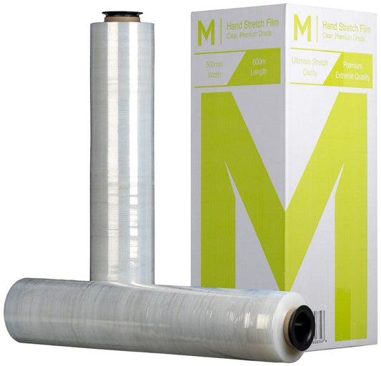 Cast Hand Stretch Film - Clear, 500mm x 600m x 9mu (4 Rolls/Box) + 4 Free End Caps