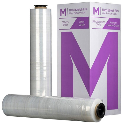 Cast Hand Stretch Film - Clear, 500mm x 300m x 20mu (4 Rolls/Box) + 4 Free End Caps