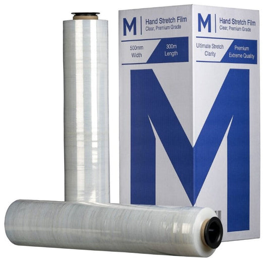 Cast Hand Stretch Film - Clear, 500mm x 300m x 23mu (4 Rolls/Box) + 4 Free End Caps